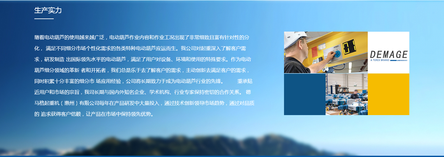 随着起重机的使用越来越广泛，起重机作业内容和作业工况出现了非常细致且富有针对性的分化， 满足不同细分市场个性化需求的各类特种起重机应运而生。我公司对起重深入了解客户需求，研发制造 出国际领先水平的起重机，满足了用户对设备、环境和使用的特殊要求。作为起重机细分领域的革新 者和开拓者，我们总是乐于去了解客户的需求，主动创新去满足客户的需求，同时积累十分丰富的细分市 场应用经验，公司将长期致力于成为电动葫芦行业的先锋。 　　秉承贴近用户和市场的宗旨，我司长期与国内外知名企业、学术机构、行业专家保持密切的合作关系。 德马格起重机（惠州）有限公司每年在产品研发中大量投入，通过技术创新领导市场趋势，通过对品质的 追求获得客户信赖，让产品在市场中保持领先优势。